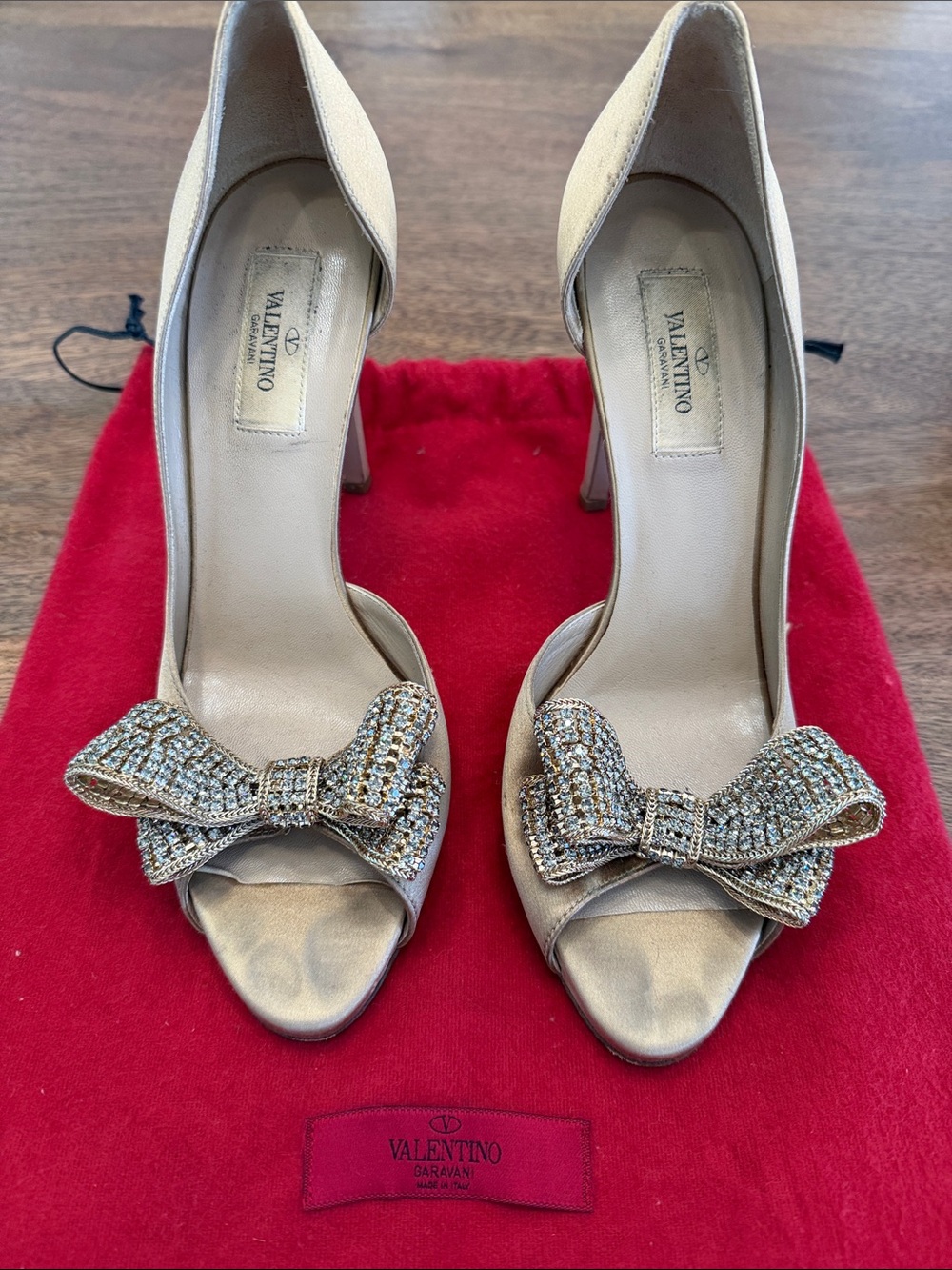 Valentino Gold Satin Crystal Bow Peep-Toe Pumps